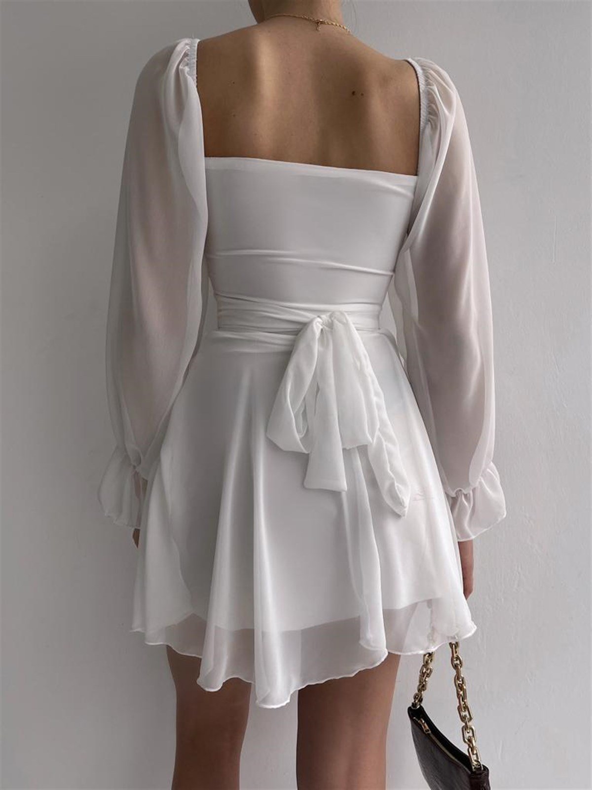 Bel Detaylı Şifon Lincoln Elbise - BEYAZ