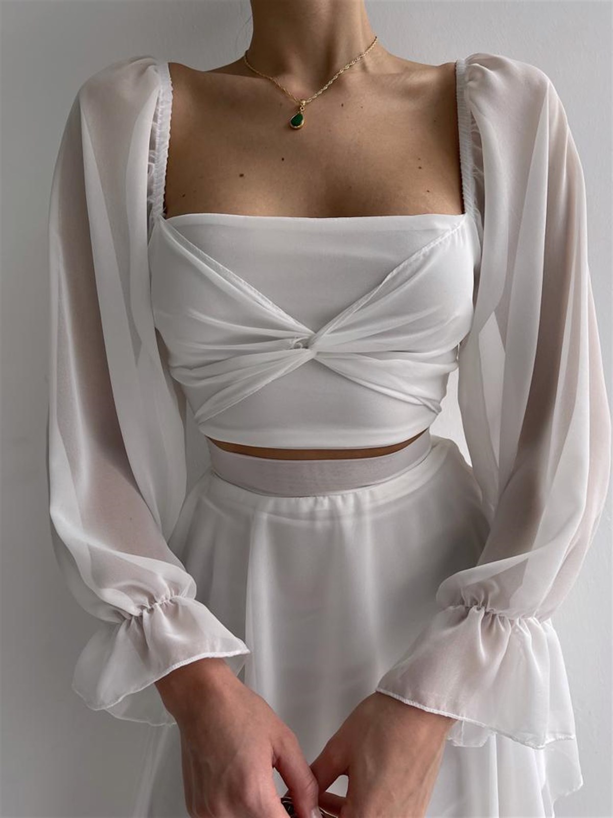 Bel Detaylı Şifon Lincoln Elbise - BEYAZ