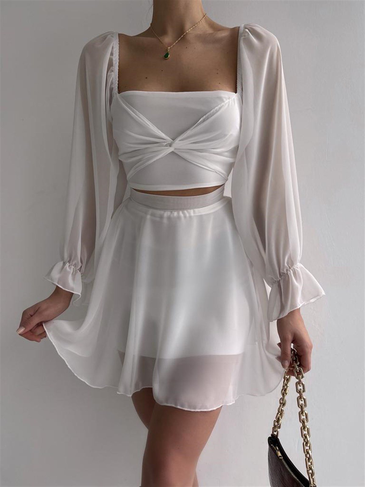 Bel Detaylı Şifon Lincoln Elbise - BEYAZ