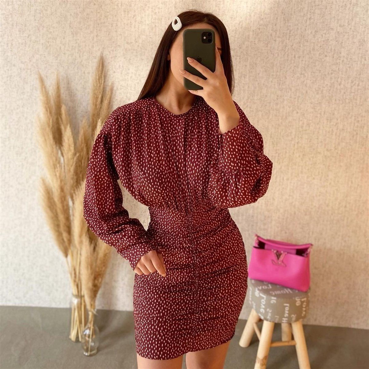 Benek Desenli Drapeli Uzun Kollu Mini Elbise  