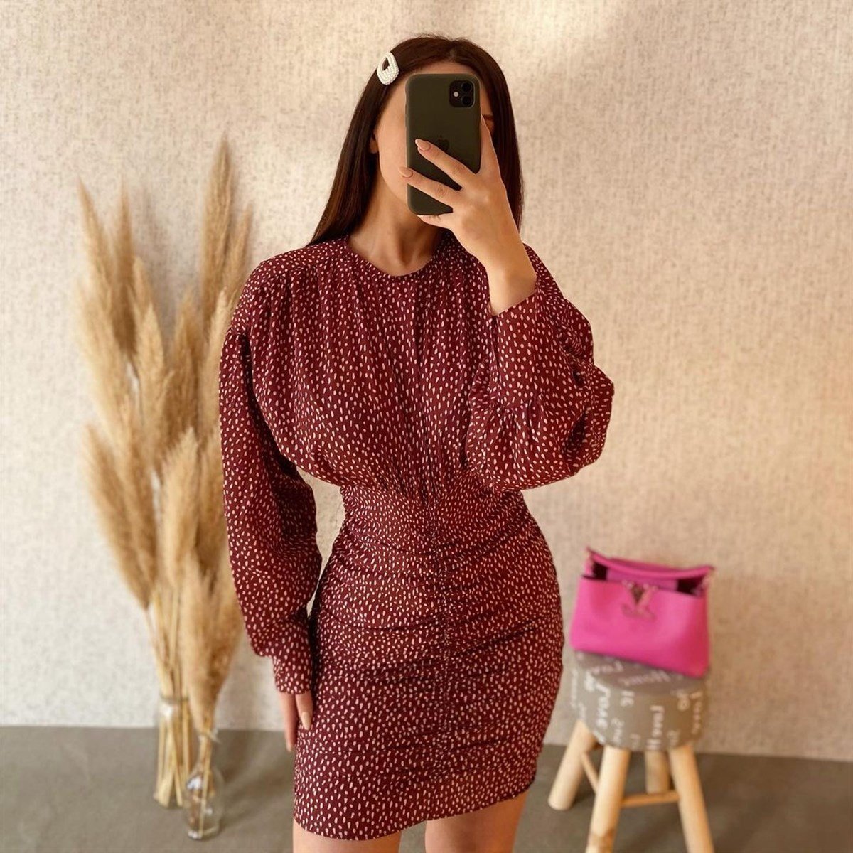 Benek Desenli Drapeli Uzun Kollu Mini Elbise  