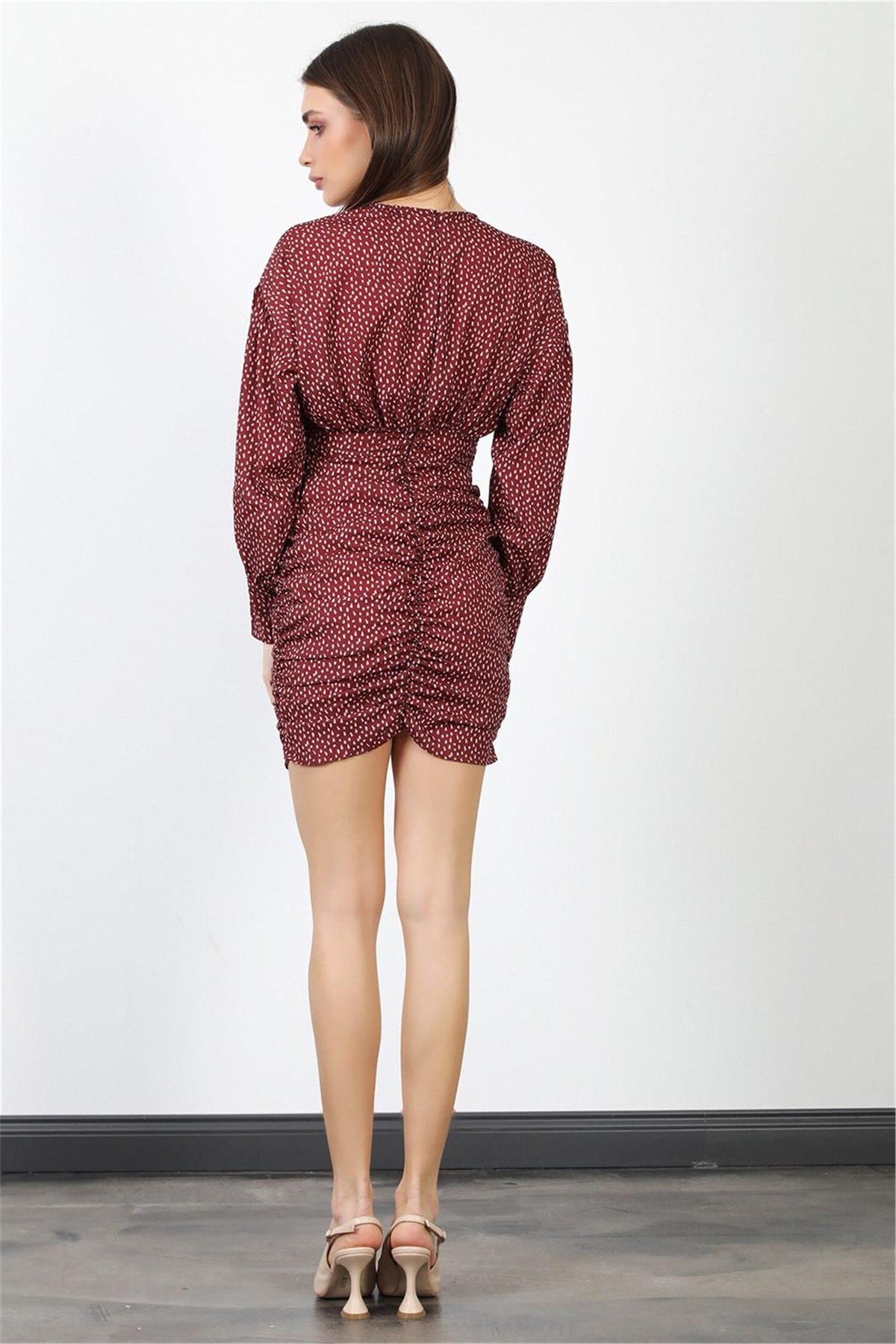 Benek Desenli Drapeli Uzun Kollu Mini Elbise  