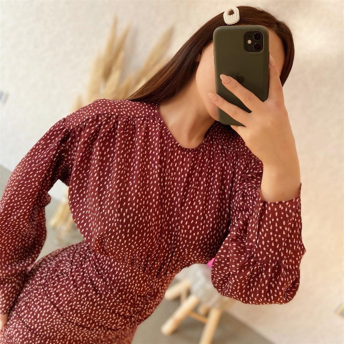 Benek Desenli Drapeli Uzun Kollu Mini Elbise  