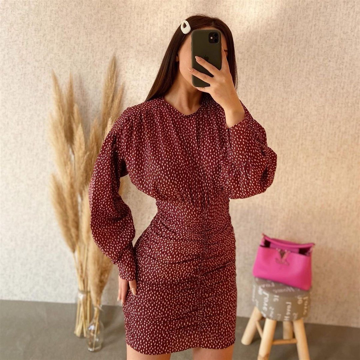 Benek Desenli Drapeli Uzun Kollu Mini Elbise  