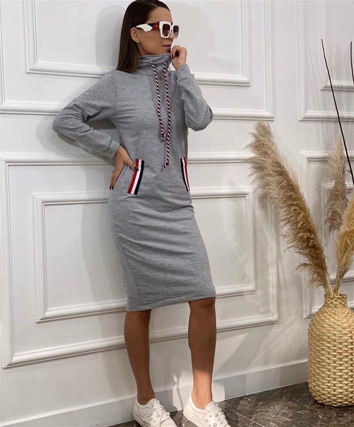 Boğazlı Cepli Üç İplik Spor Elbise - GRİ RENK