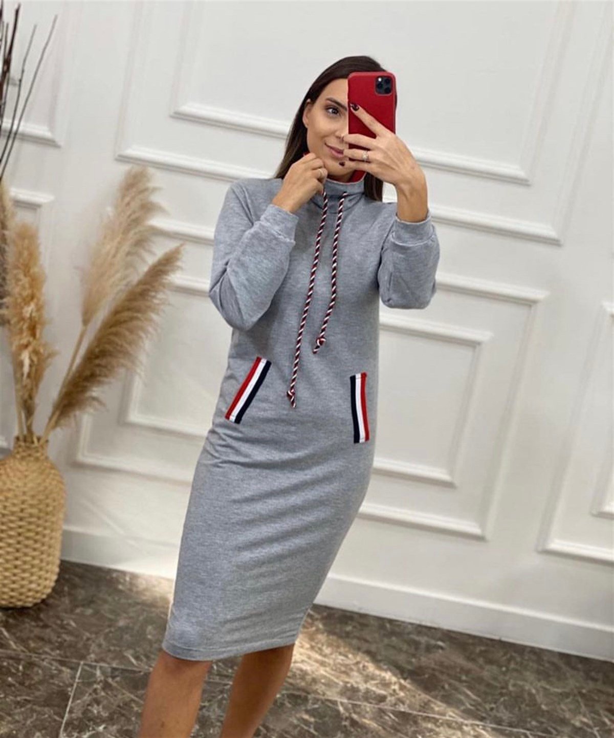 Boğazlı Cepli Üç İplik Spor Elbise - GRİ RENK