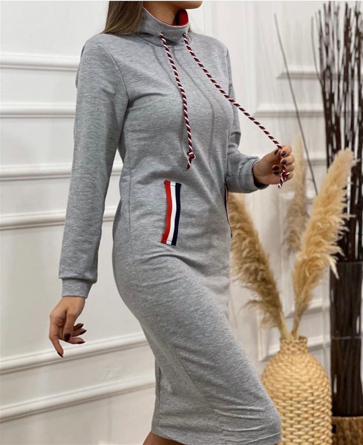 Boğazlı Cepli Üç İplik Spor Elbise - GRİ RENK