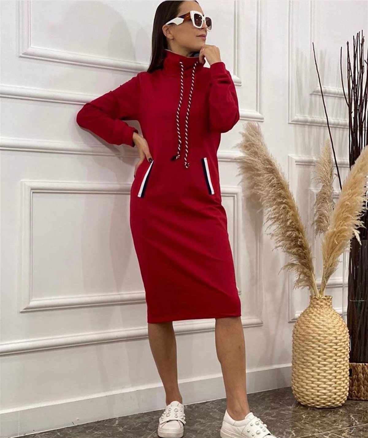 Boğazlı Cepli Üç İplik Spor Elbise - KIRMIZI RENK