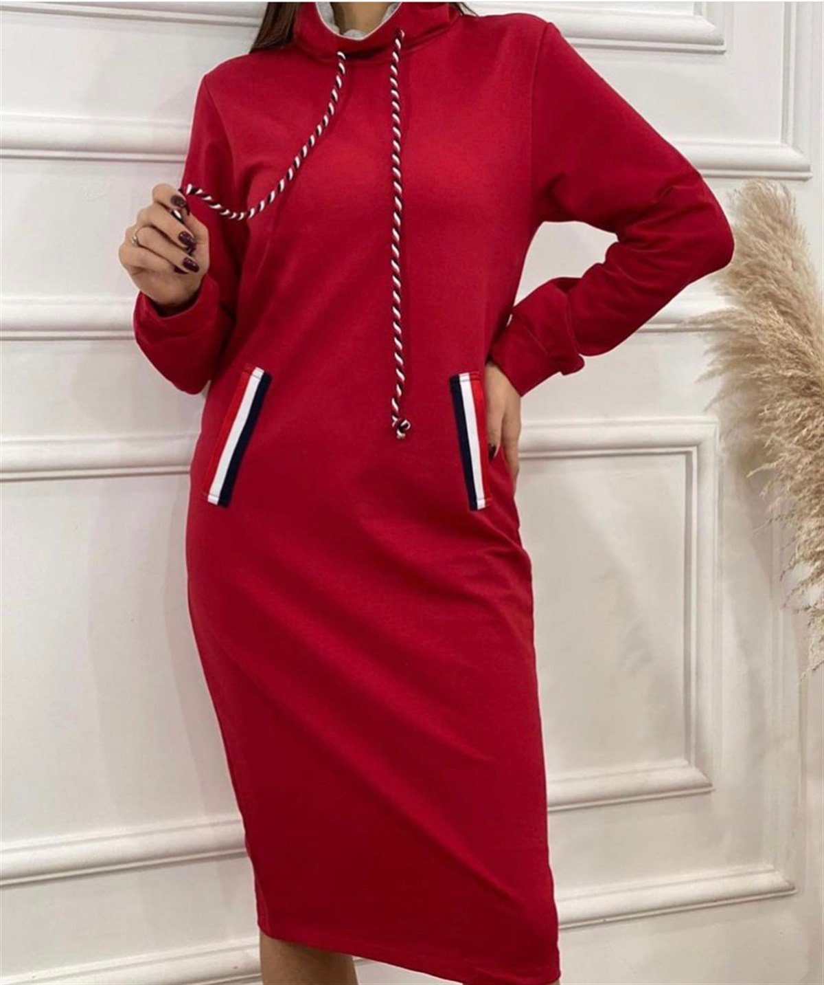 Boğazlı Cepli Üç İplik Spor Elbise - KIRMIZI RENK
