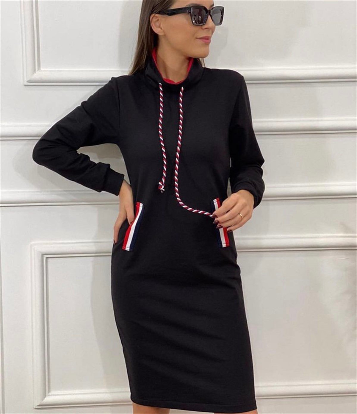 Boğazlı Cepli Üç İplik Spor Elbise - SİYAH RENK