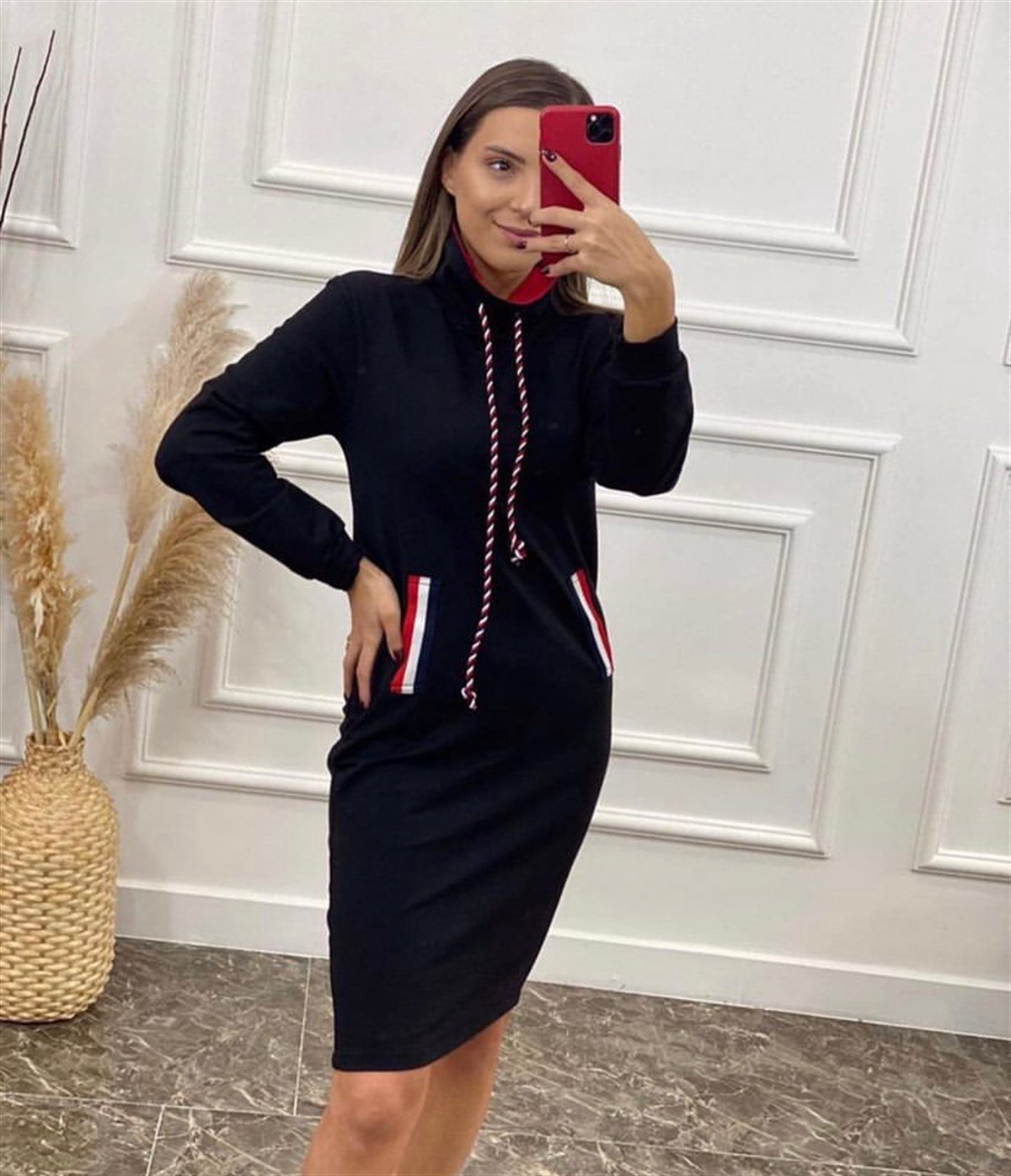 Boğazlı Cepli Üç İplik Spor Elbise - SİYAH RENK