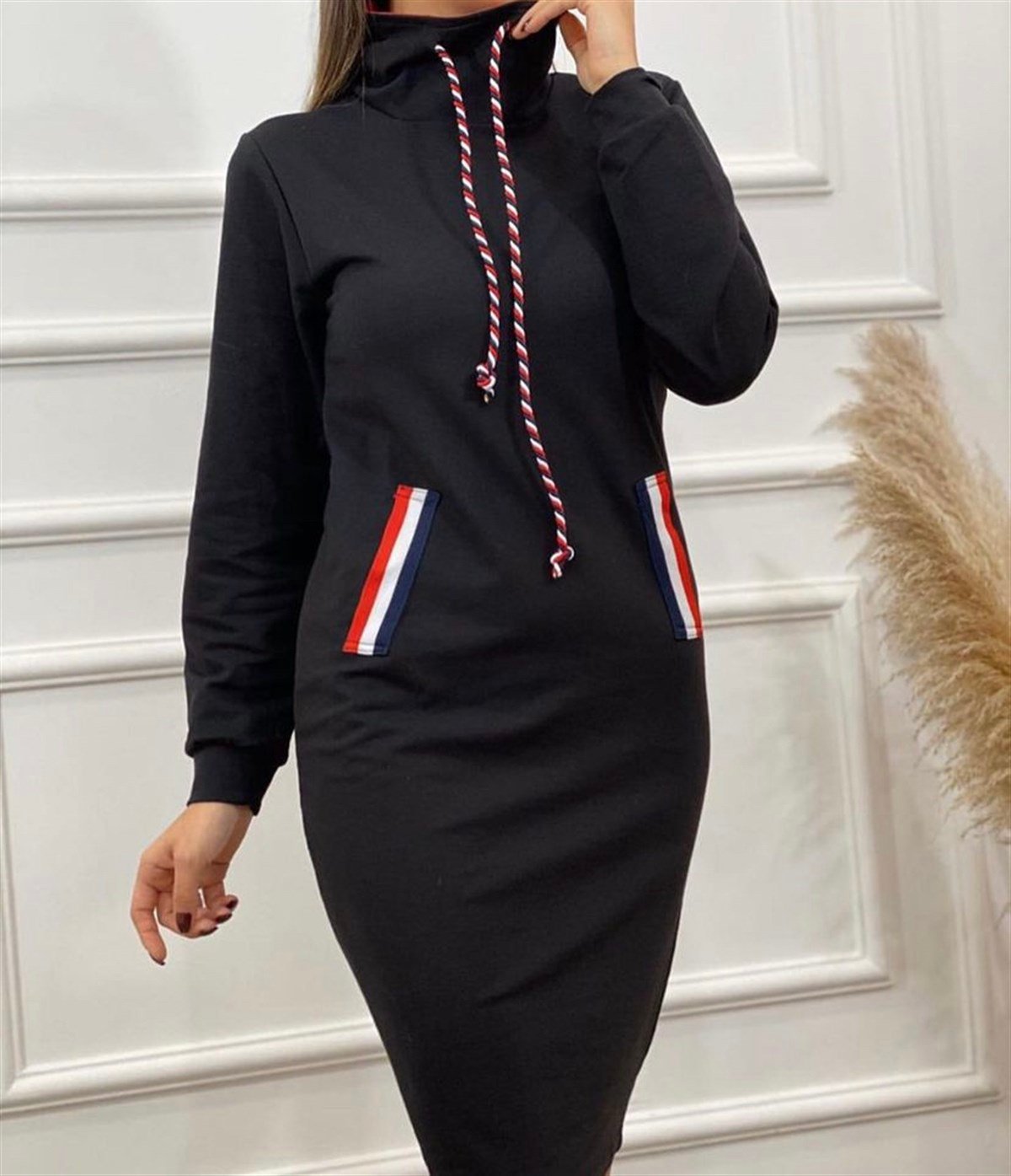 Boğazlı Cepli Üç İplik Spor Elbise - SİYAH RENK