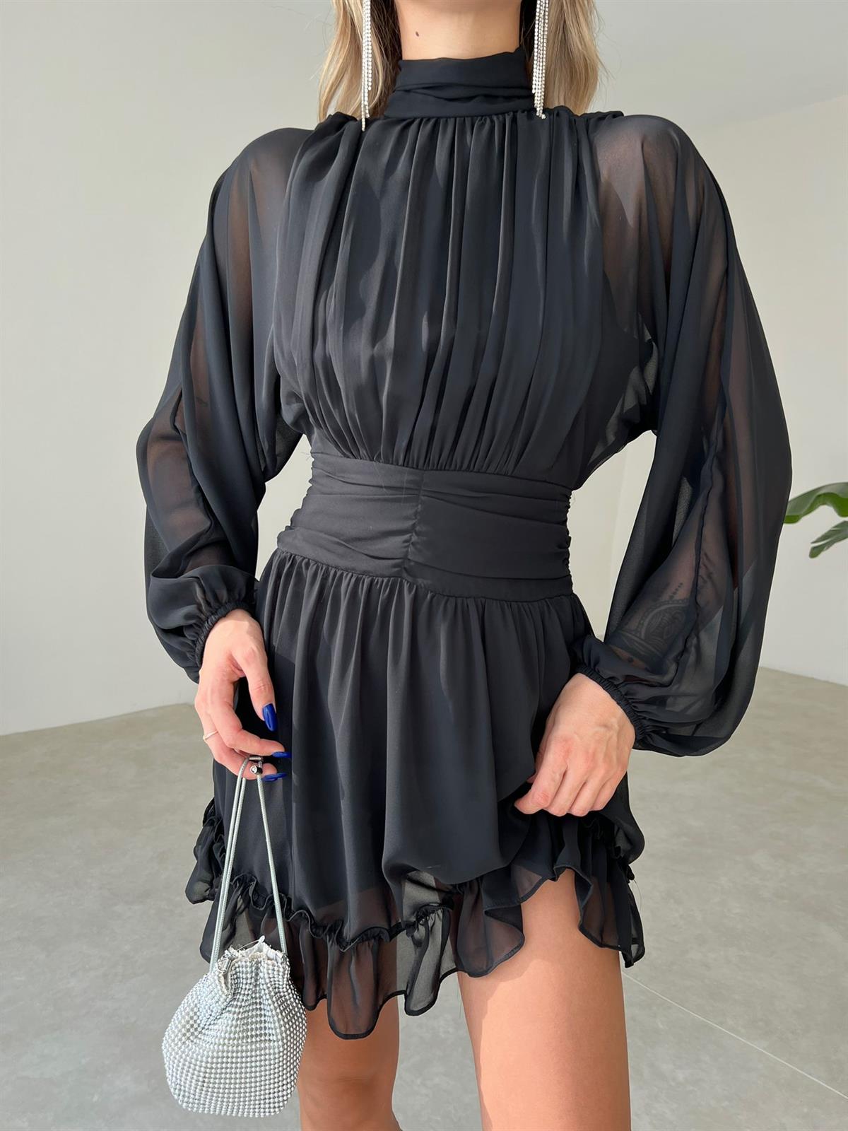 Boğazlı Etek Ucu Fırfırlı Uzun Tül Kol Şifon Kadın Elbise - SİYAH 