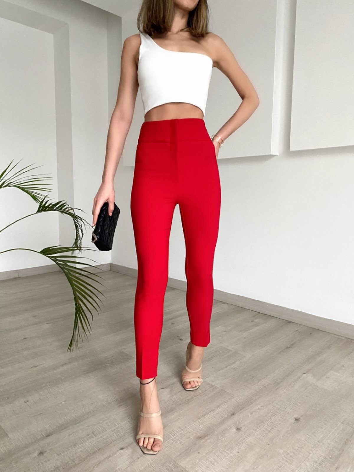 Boru Dar Paça Atlas Kumaş Pantolon - KIRMIZI