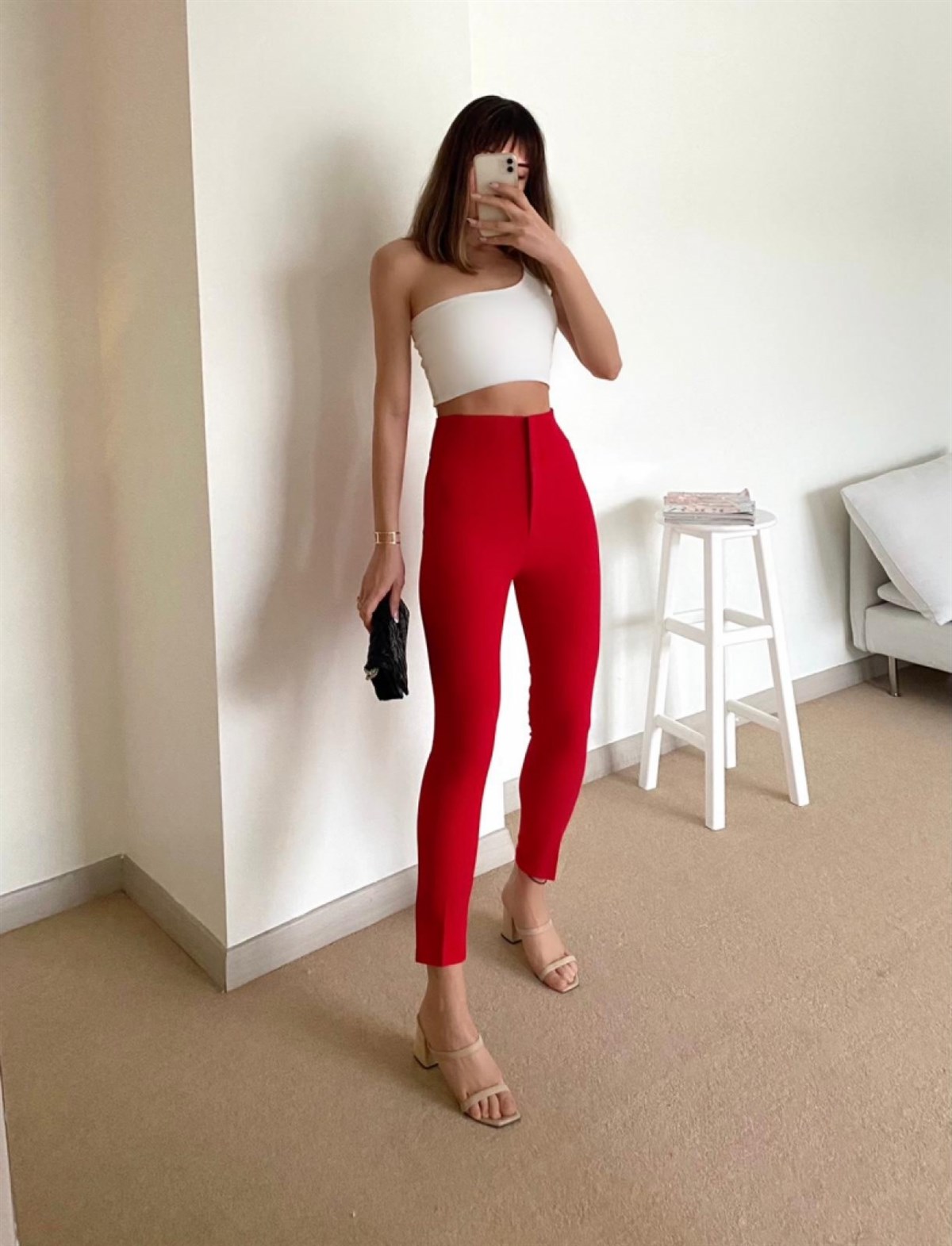 Boru Dar Paça Atlas Kumaş Pantolon - KIRMIZI