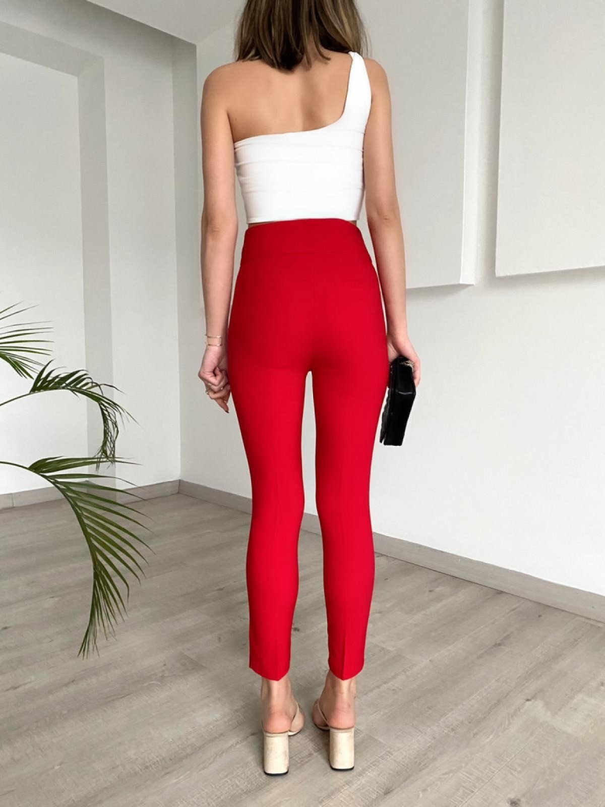 Boru Dar Paça Atlas Kumaş Pantolon - KIRMIZI