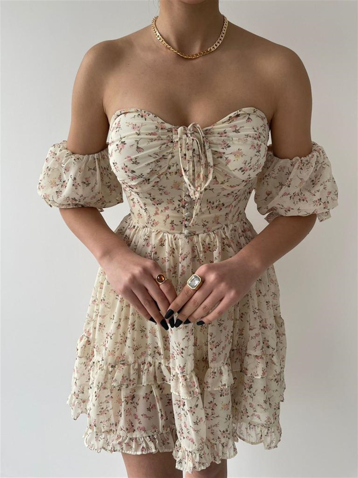 Boyun Bağlamalı Düğme Kol Detay Elbise