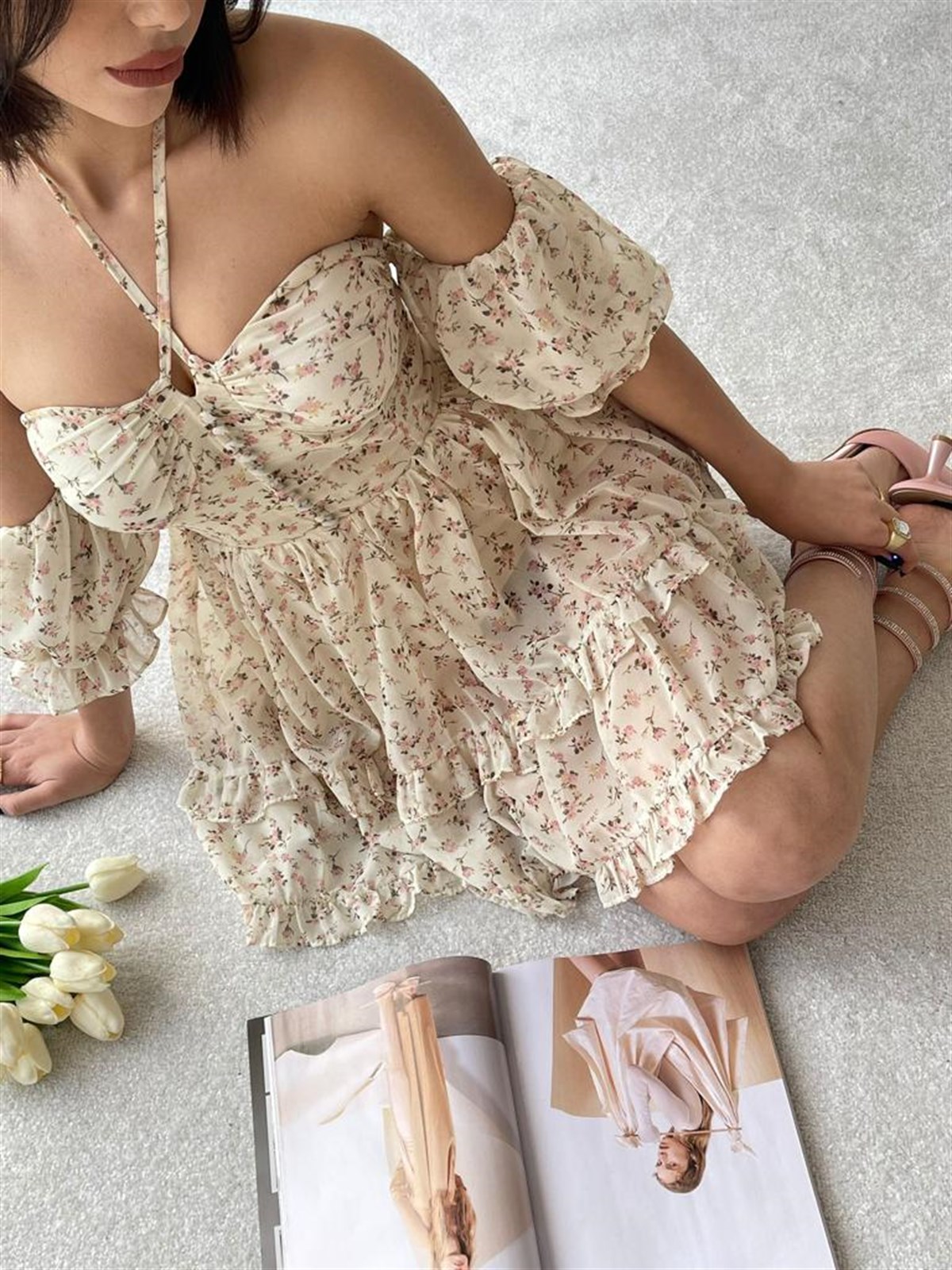 Boyun Bağlamalı Düğme Kol Detay Elbise