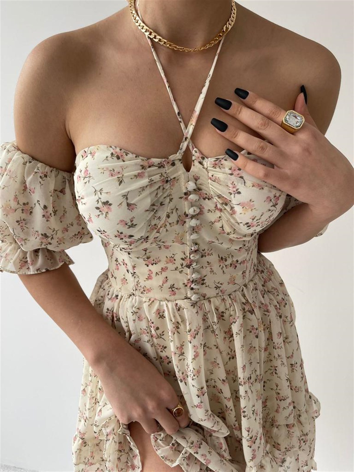 Boyun Bağlamalı Düğme Kol Detay Elbise