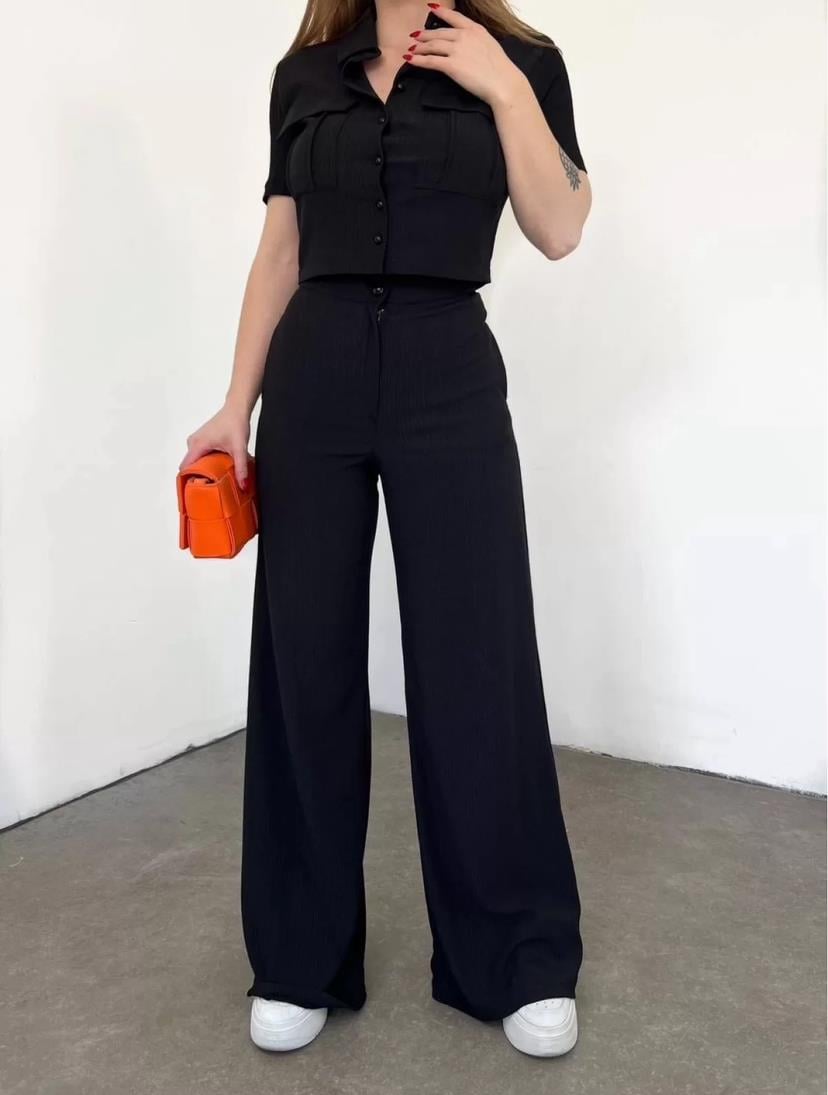 Bürümcük Kumaş Gömlek Pantolon İkili Takım - SİYAH