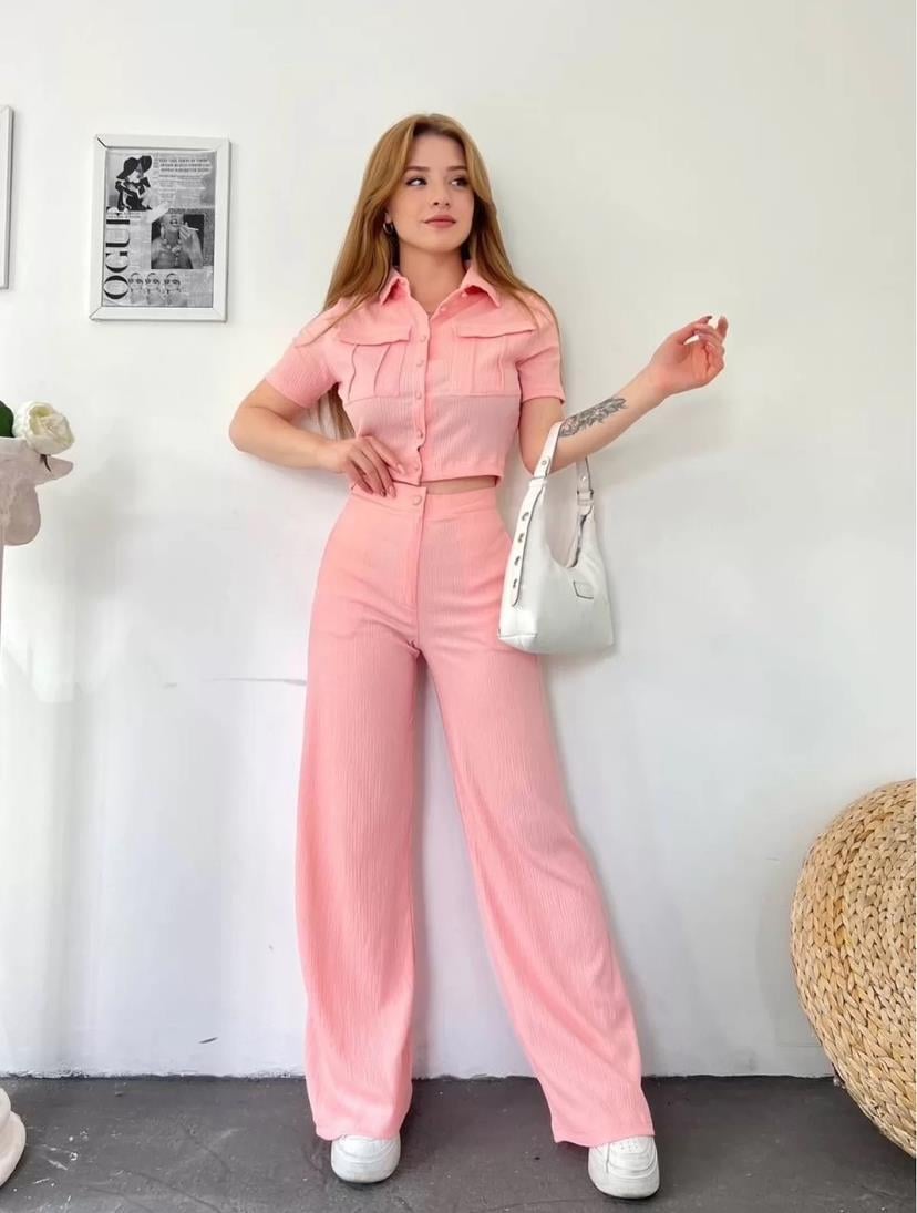 Bürümcük Kumaş Gömlek Pantolon İkili Takım - AÇIK PEMBE