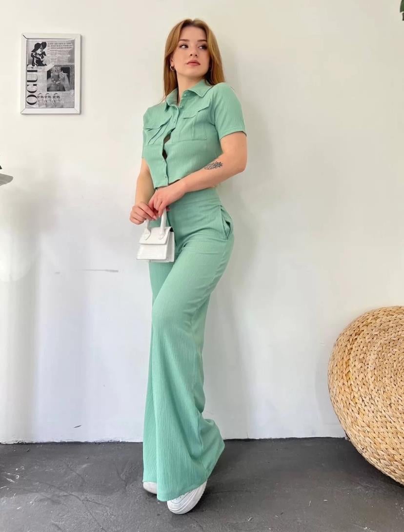 Bürümcük Kumaş Gömlek Pantolon İkili Takım - MİNT YEŞİLİ