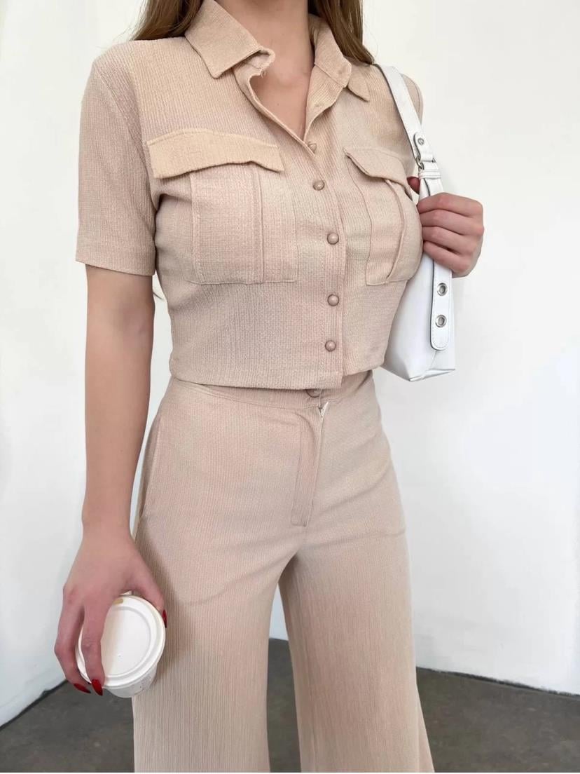 Bürümcük Kumaş Gömlek Pantolon İkili Takım - KREM RENK