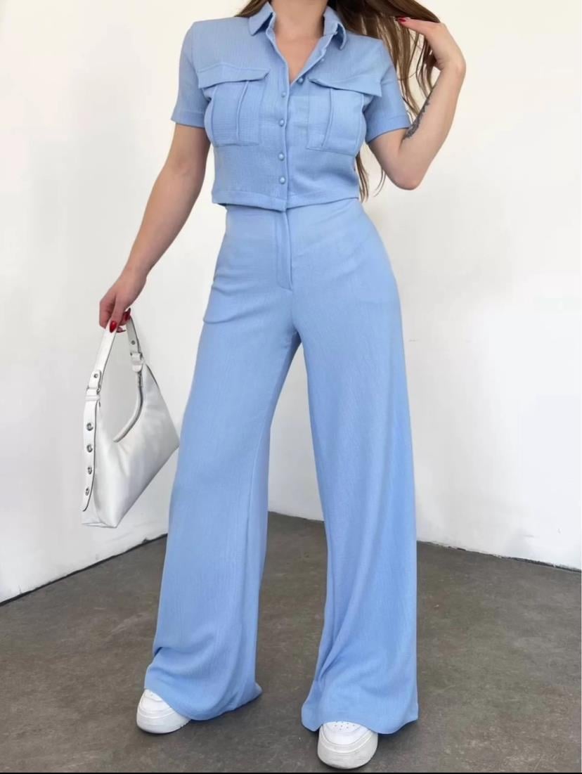 Bürümcük Kumaş Gömlek Pantolon İkili Takım - BEBE MAVİ