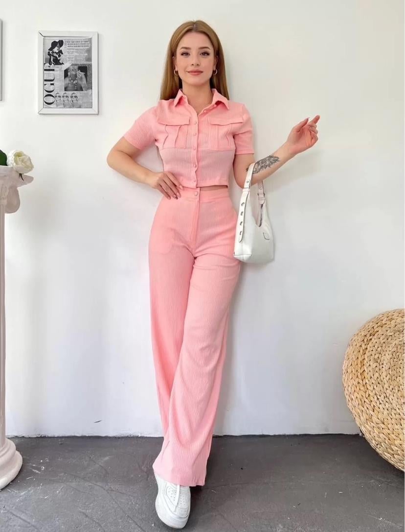 Bürümcük Kumaş Gömlek Pantolon İkili Takım - AÇIK PEMBE