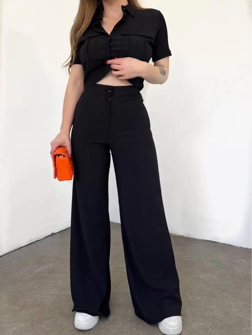 Bürümcük Kumaş Gömlek Pantolon İkili Takım - SİYAH