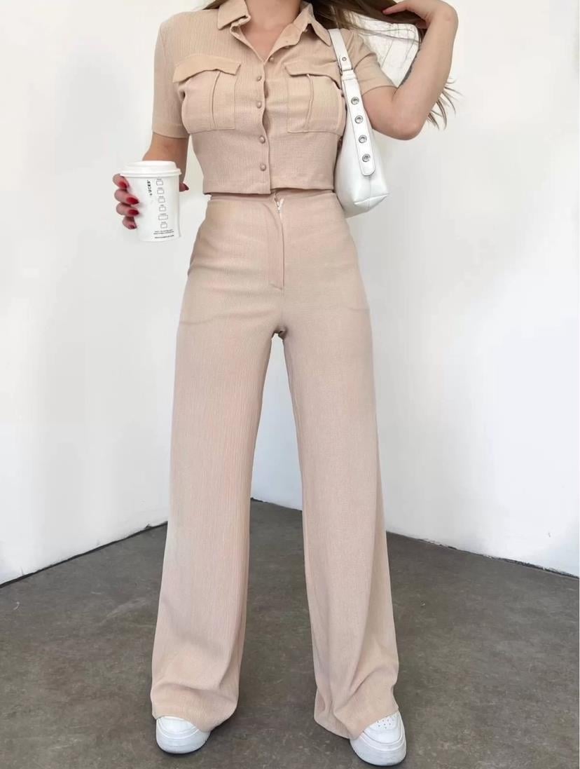 Bürümcük Kumaş Gömlek Pantolon İkili Takım - KREM RENK