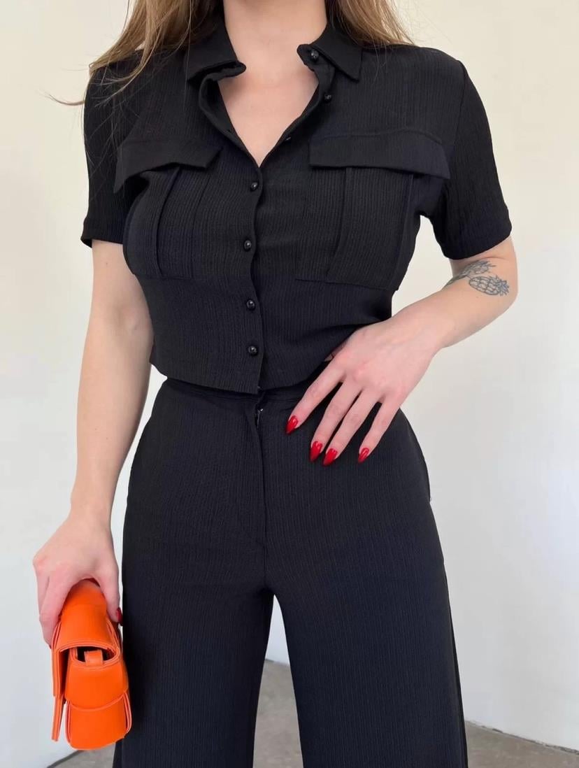 Bürümcük Kumaş Gömlek Pantolon İkili Takım - SİYAH