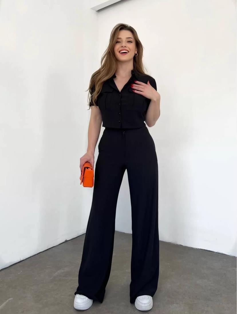 Bürümcük Kumaş Gömlek Pantolon İkili Takım - SİYAH