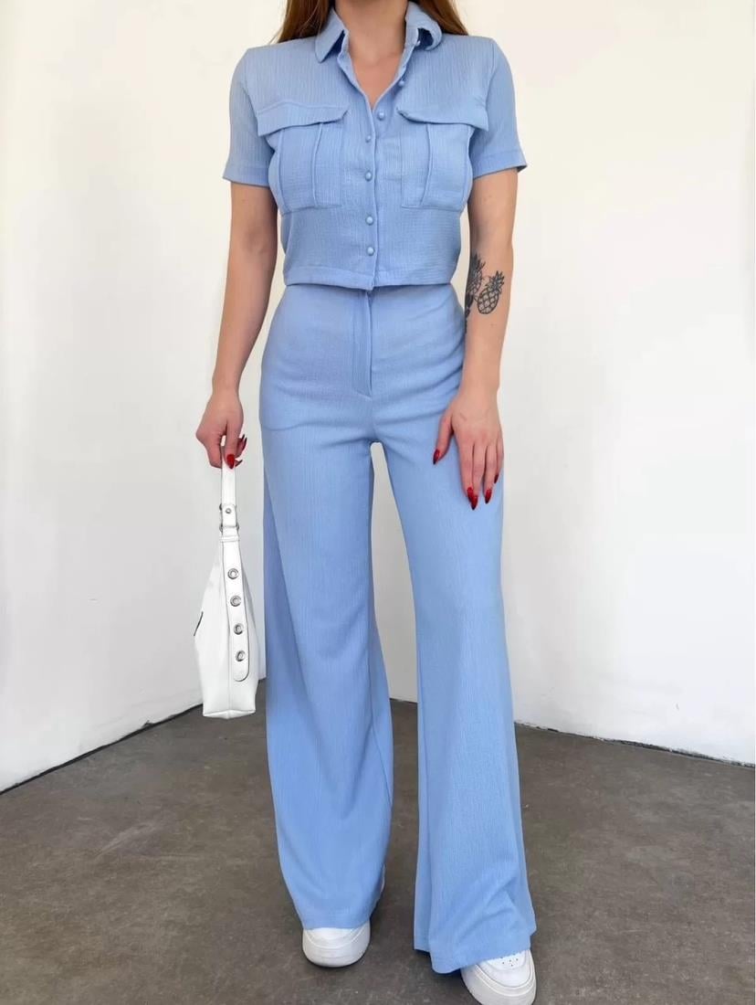 Bürümcük Kumaş Gömlek Pantolon İkili Takım - BEBE MAVİ