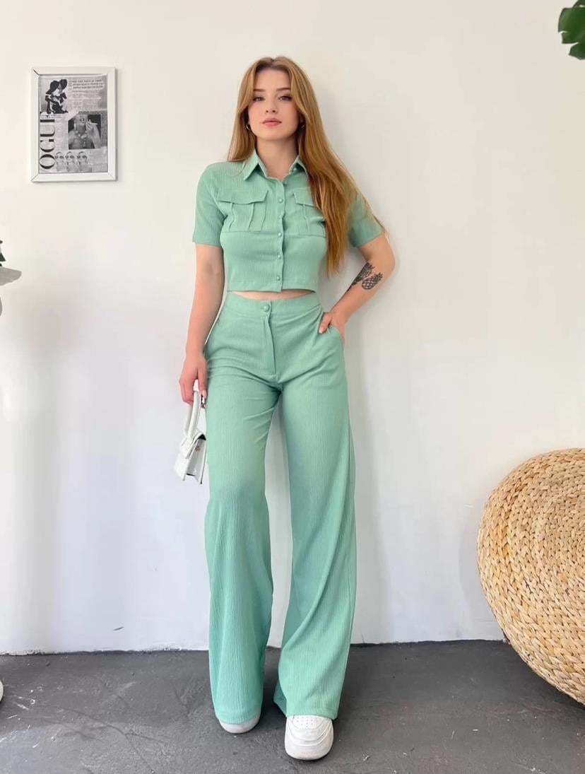 Bürümcük Kumaş Gömlek Pantolon İkili Takım - MİNT YEŞİLİ