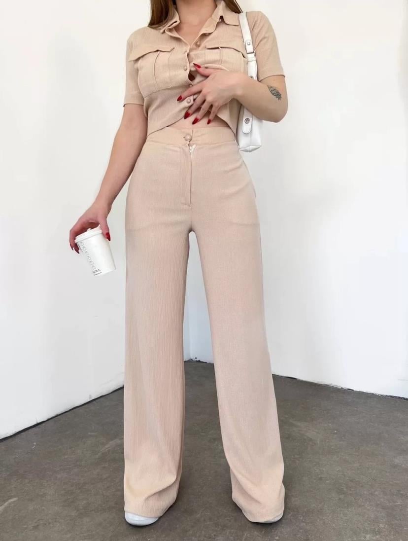 Bürümcük Kumaş Gömlek Pantolon İkili Takım - KREM RENK