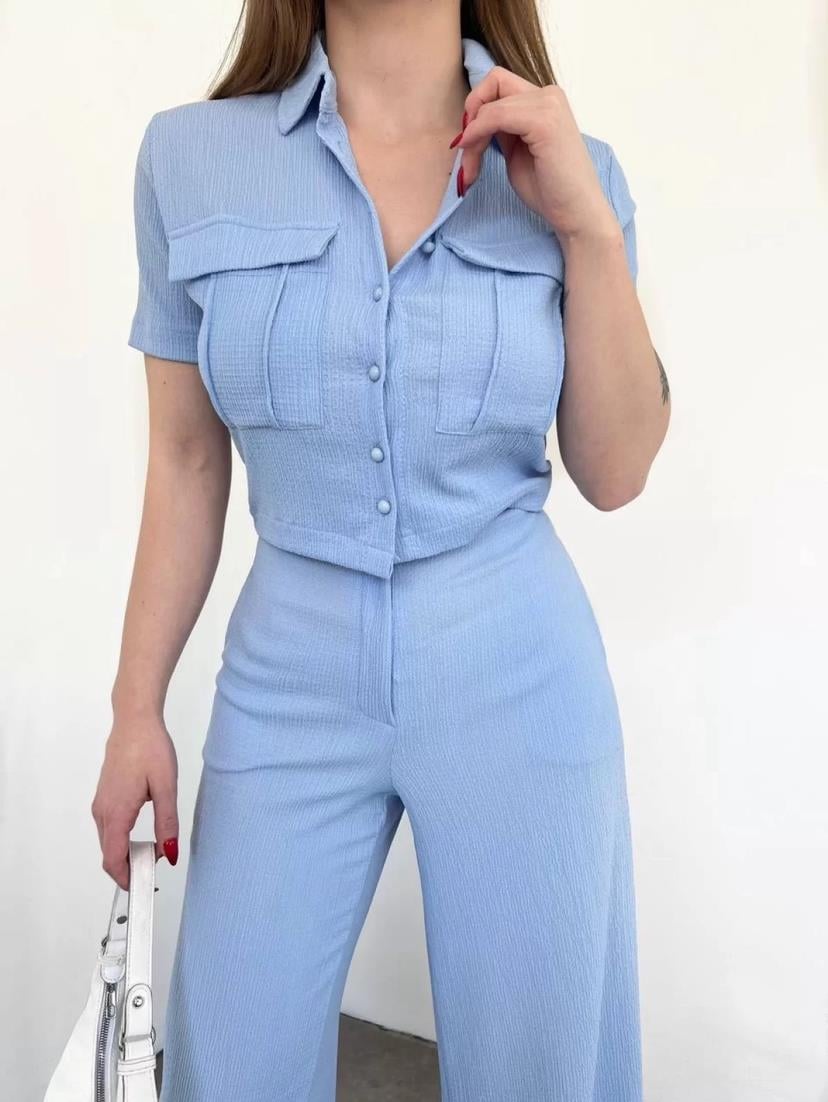 Bürümcük Kumaş Gömlek Pantolon İkili Takım - BEBE MAVİ