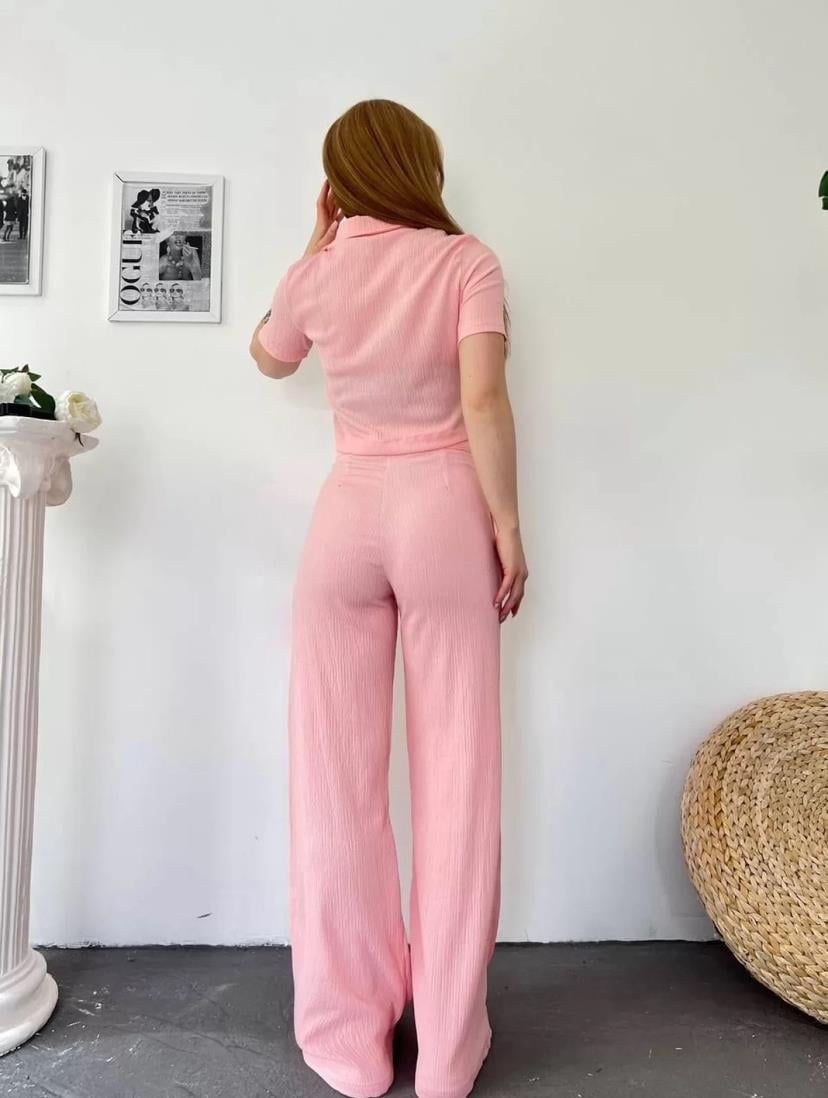 Bürümcük Kumaş Gömlek Pantolon İkili Takım - AÇIK PEMBE