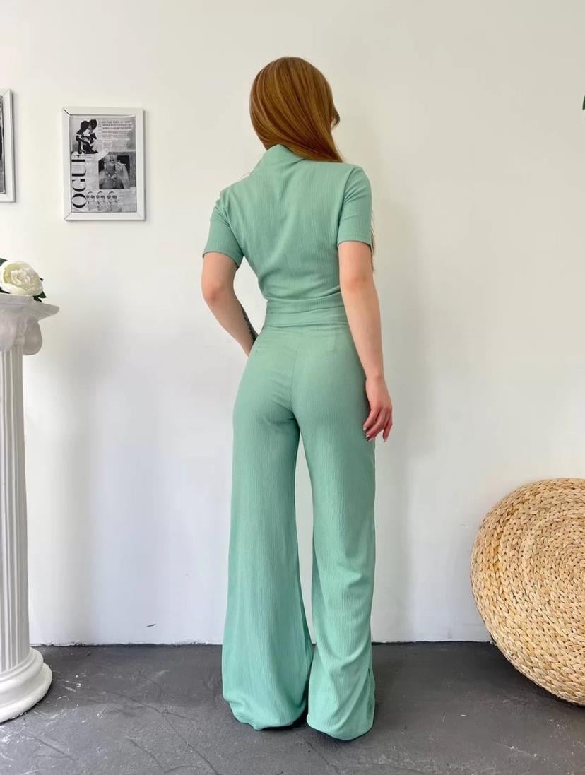 Bürümcük Kumaş Gömlek Pantolon İkili Takım - MİNT YEŞİLİ
