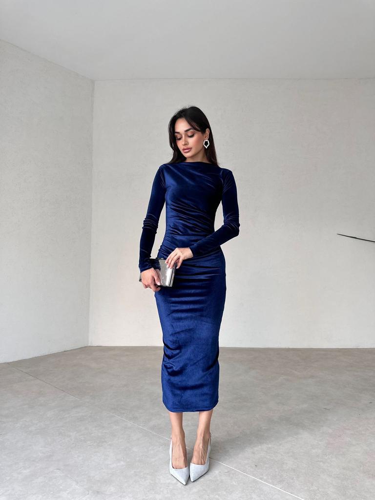 Büzgü Detaylı Uzun Kol Kadife Midi Kadın Elbise - SAKS MAVİ