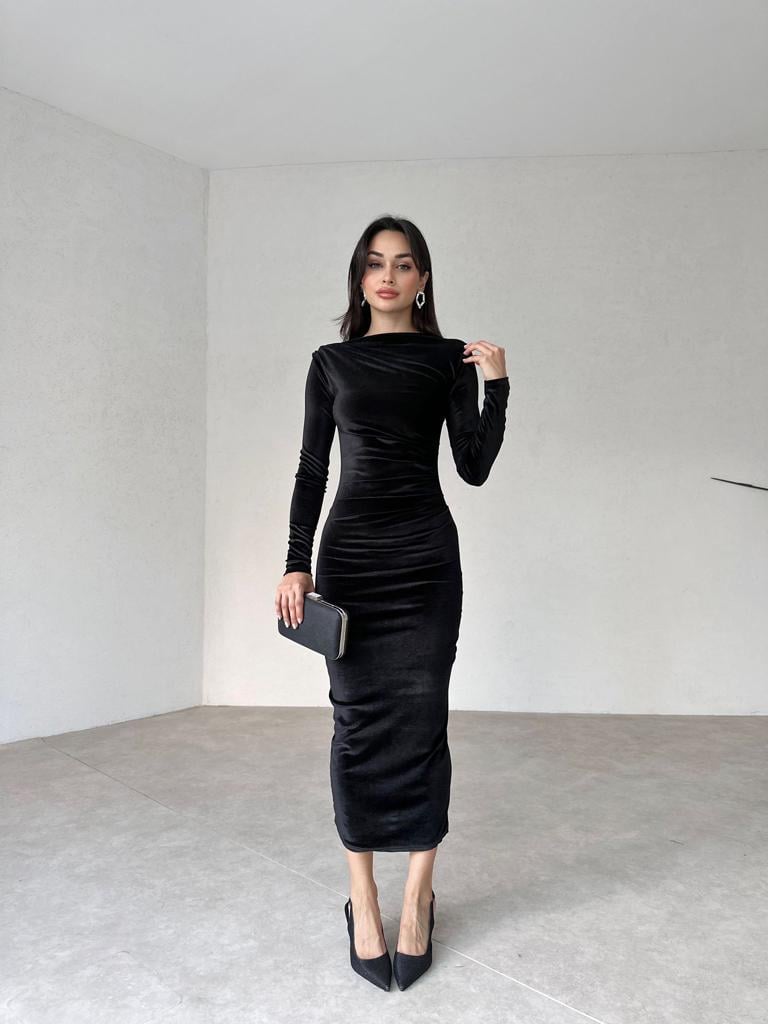 Büzgü Detaylı Uzun Kol Kadife Midi Kadın Elbise - SİYAH