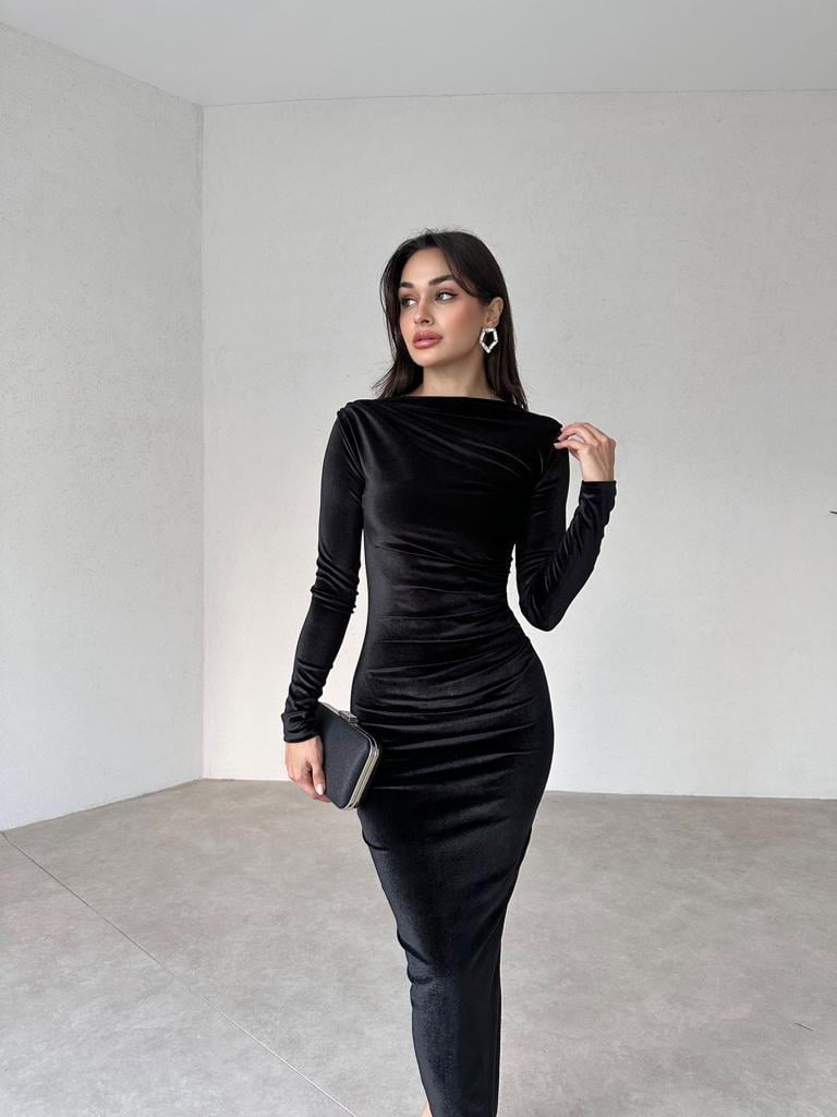 Büzgü Detaylı Uzun Kol Kadife Midi Kadın Elbise - SİYAH