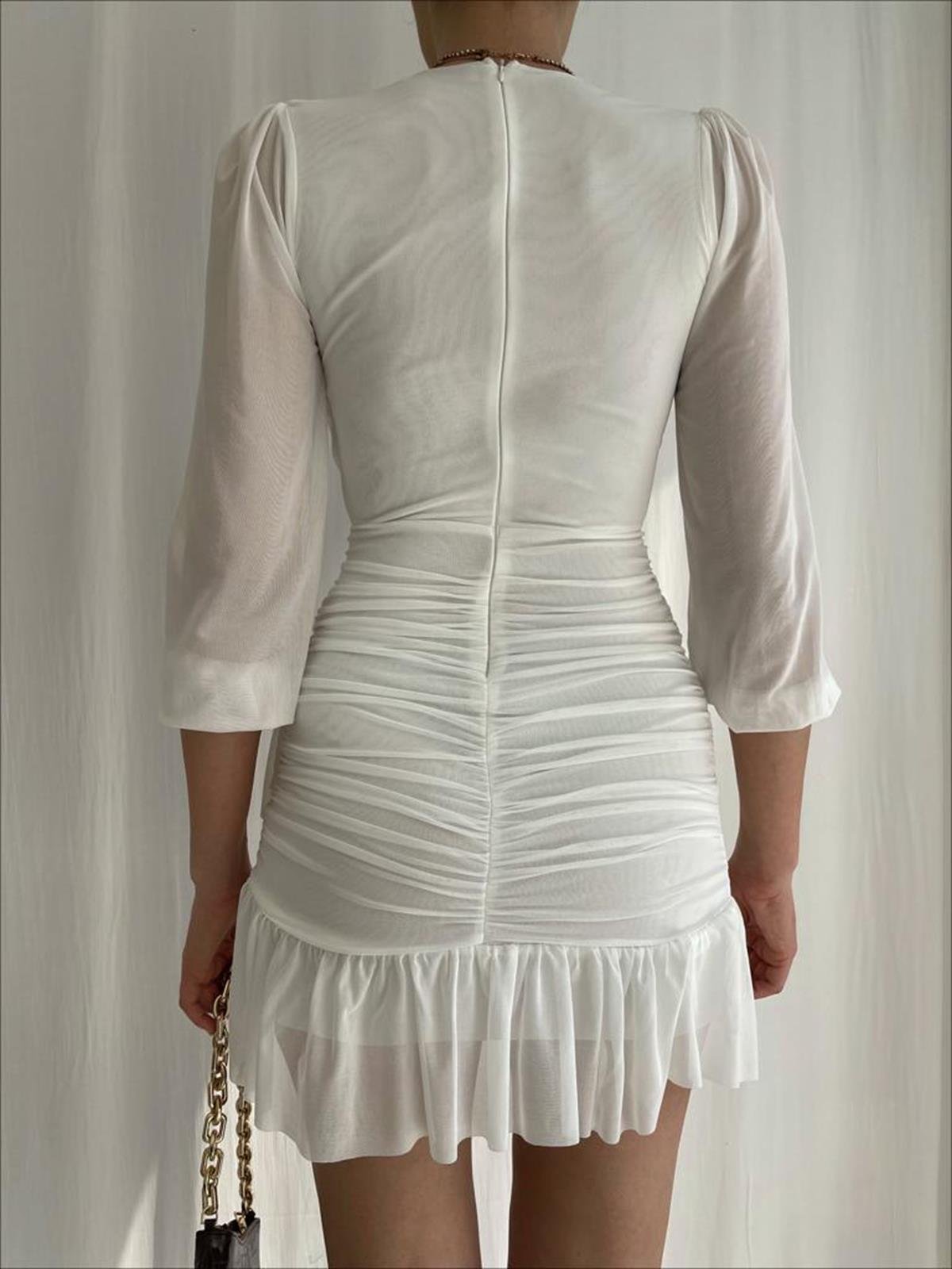 Büzgülü Şifon Elbise - BEYAZ