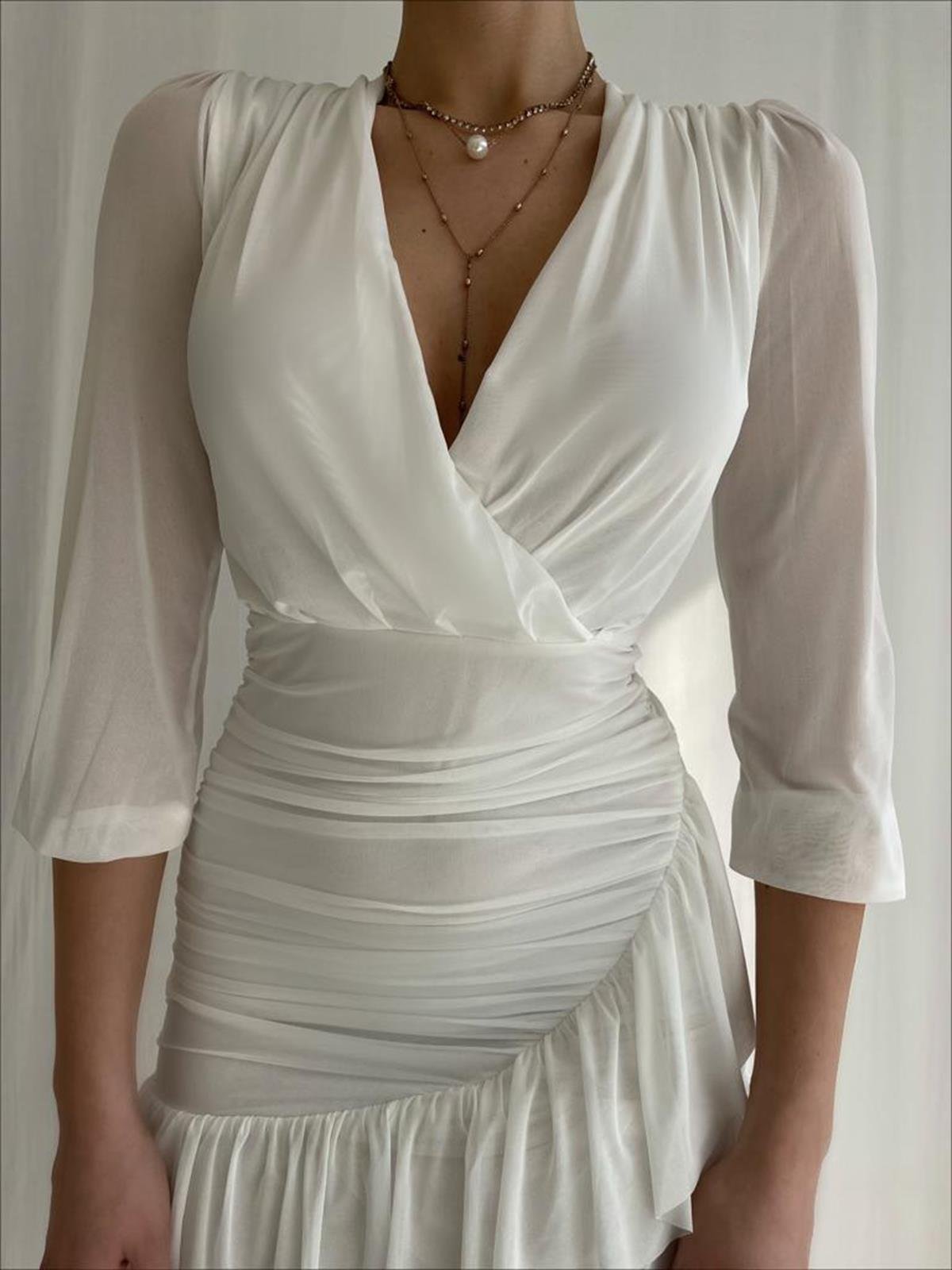 Büzgülü Şifon Elbise - BEYAZ