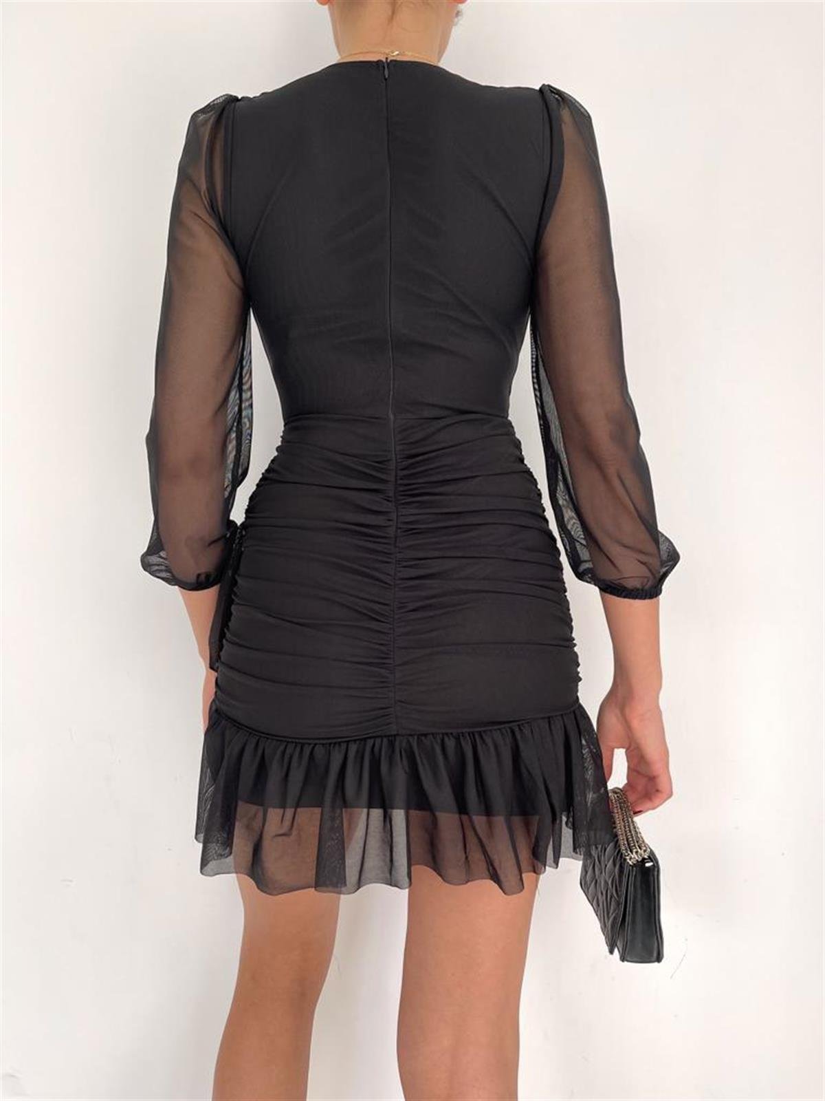 Büzgülü Şifon Elbise- SİYAH