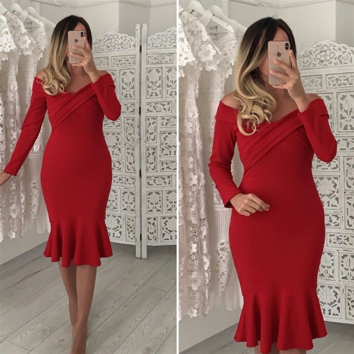 Çapraz Yaka Crep Elbise - KIRMIZI