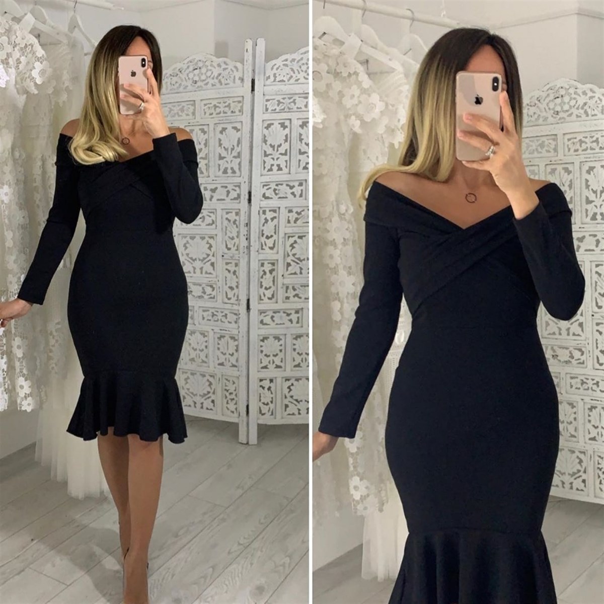 Çapraz Yaka Crep Elbise - SİYAH