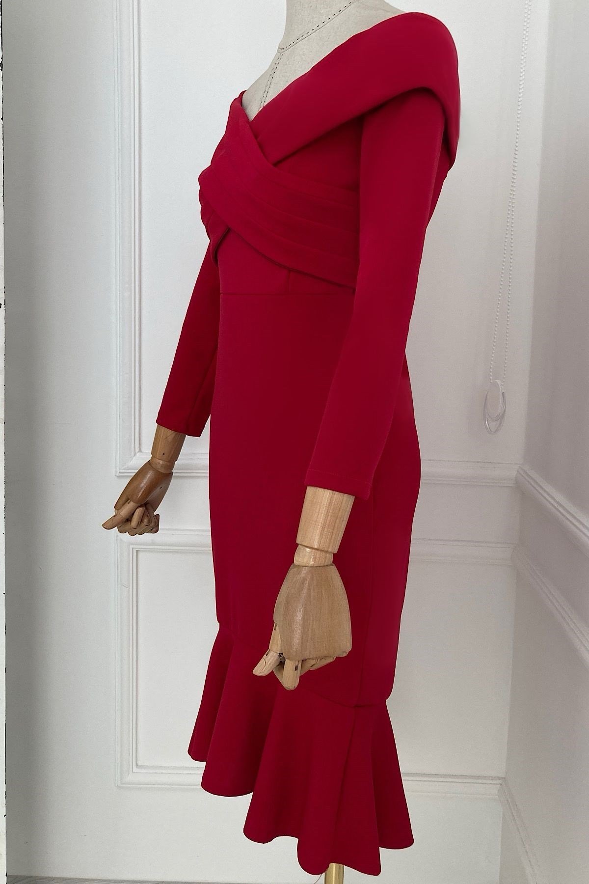 Çapraz Yaka Crep Elbise - KIRMIZI