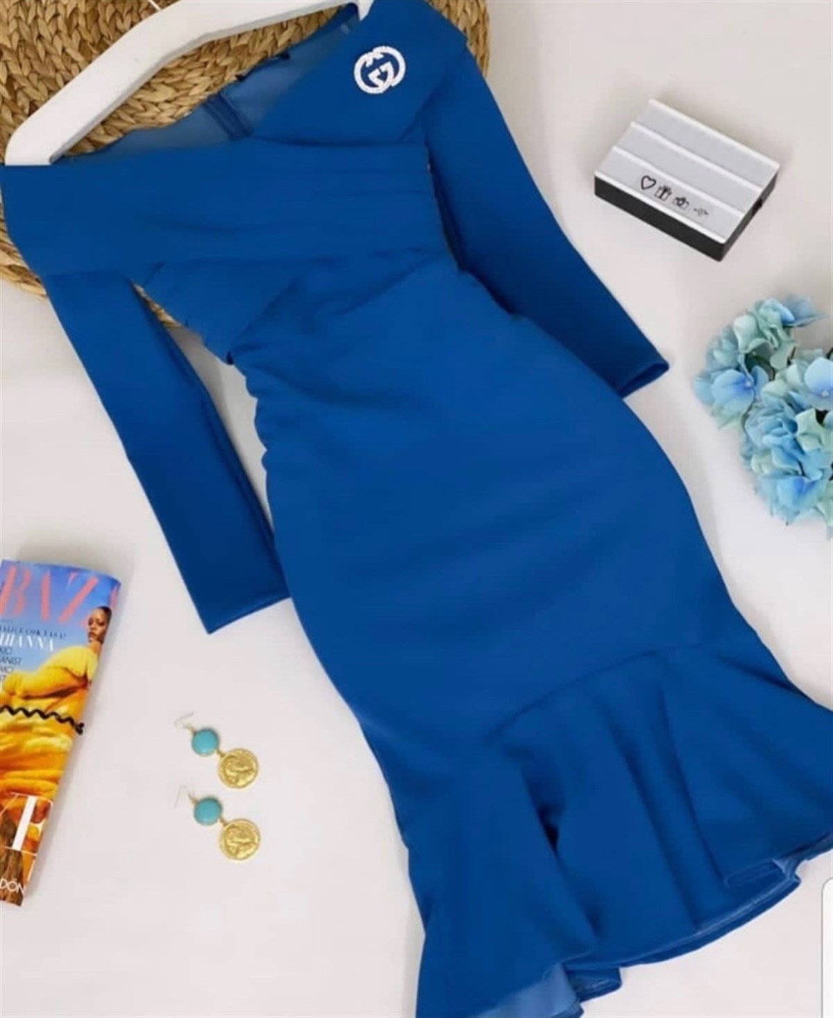 Çapraz Yaka Etek Ucu Volanlı Uzun Kol Kalem Elbise - MAVİ