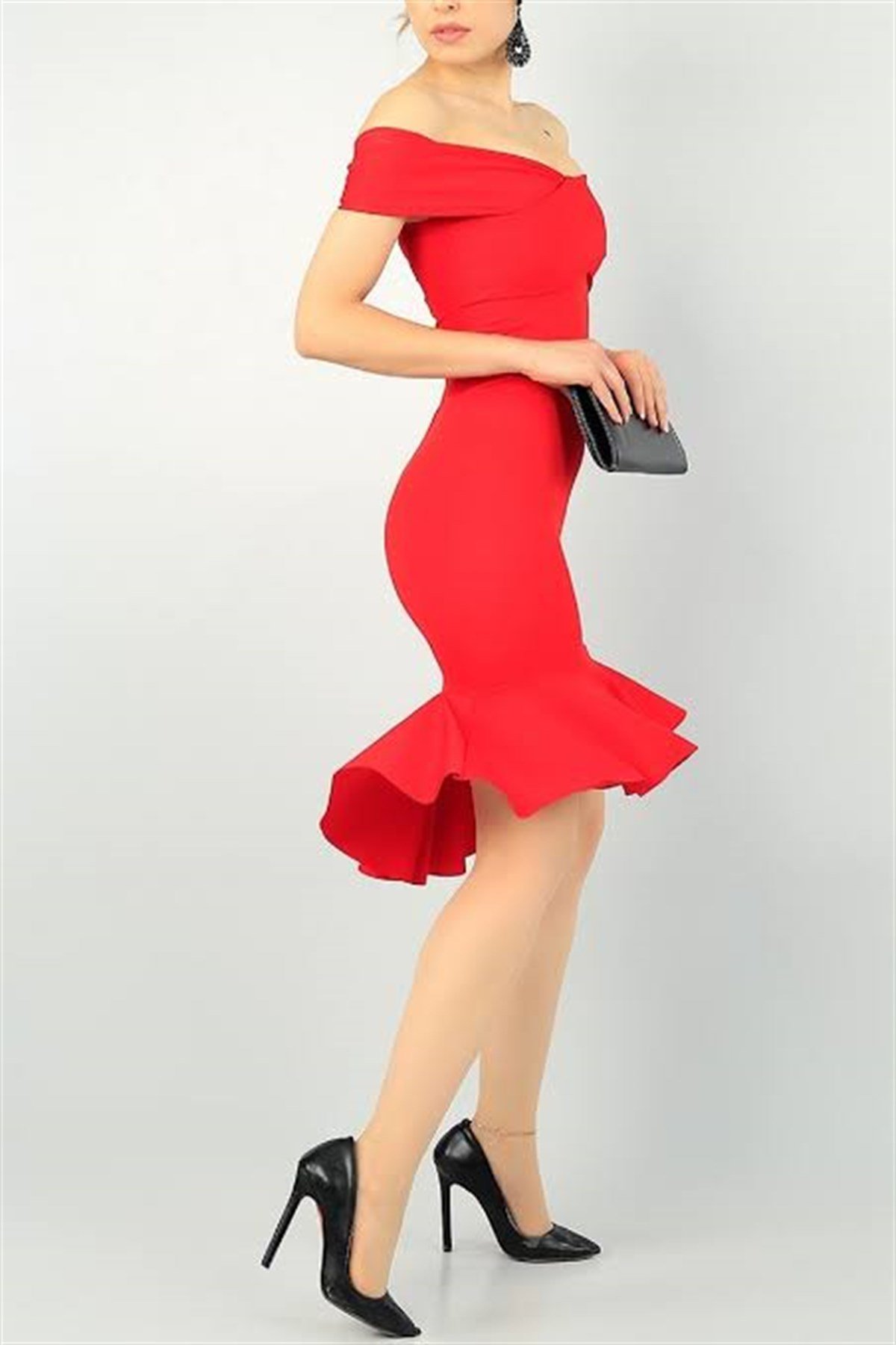 Çapraz Yaka Kolsuz Etek Ucu Volanlı Kalem Elbise - KIRMIZI